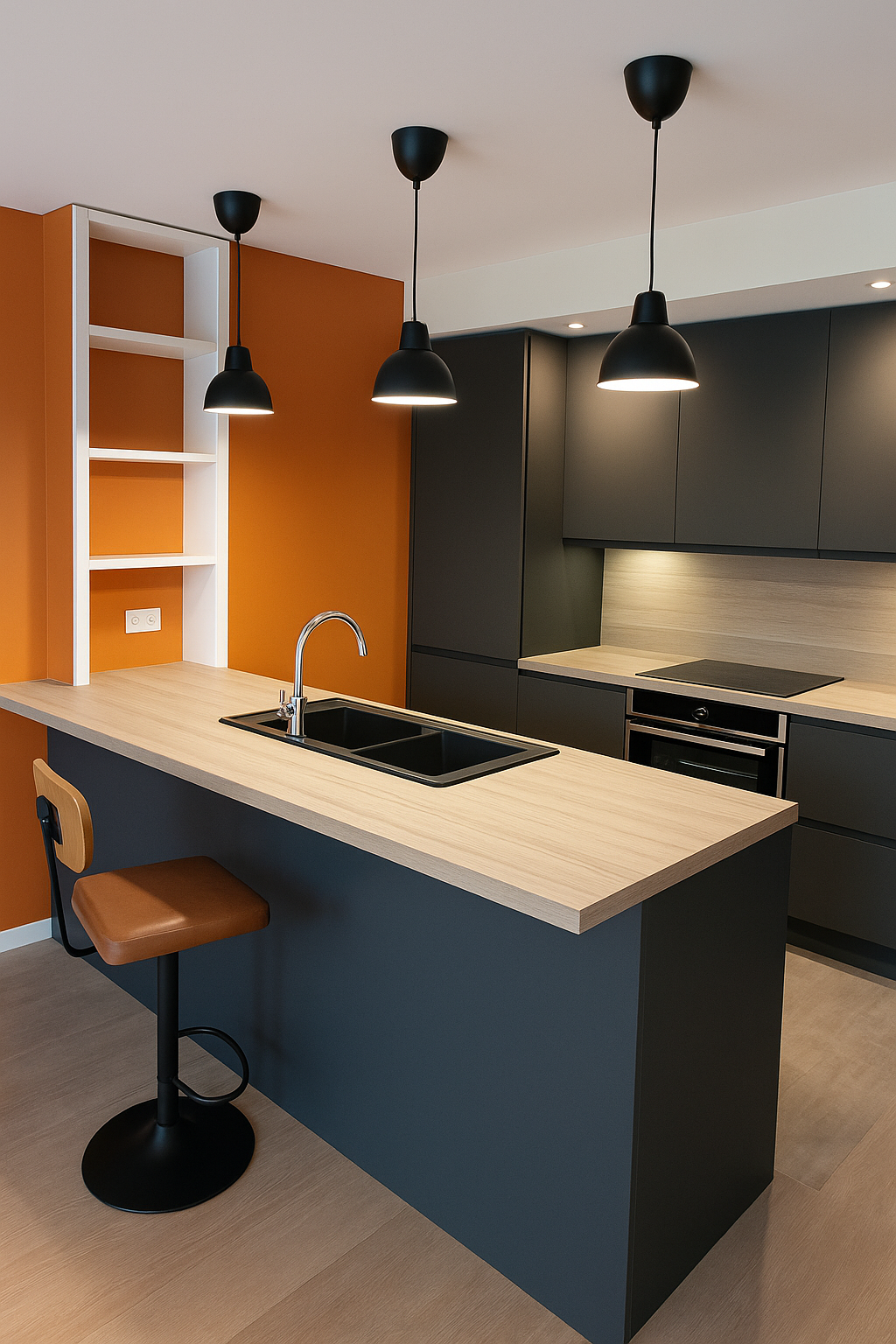 Rénovation intérieure et extérieure 45 77 91 94 - projet MG BATIMENT. Cuisine rénovée noire et bois avec îlot central – MG Bâtiment