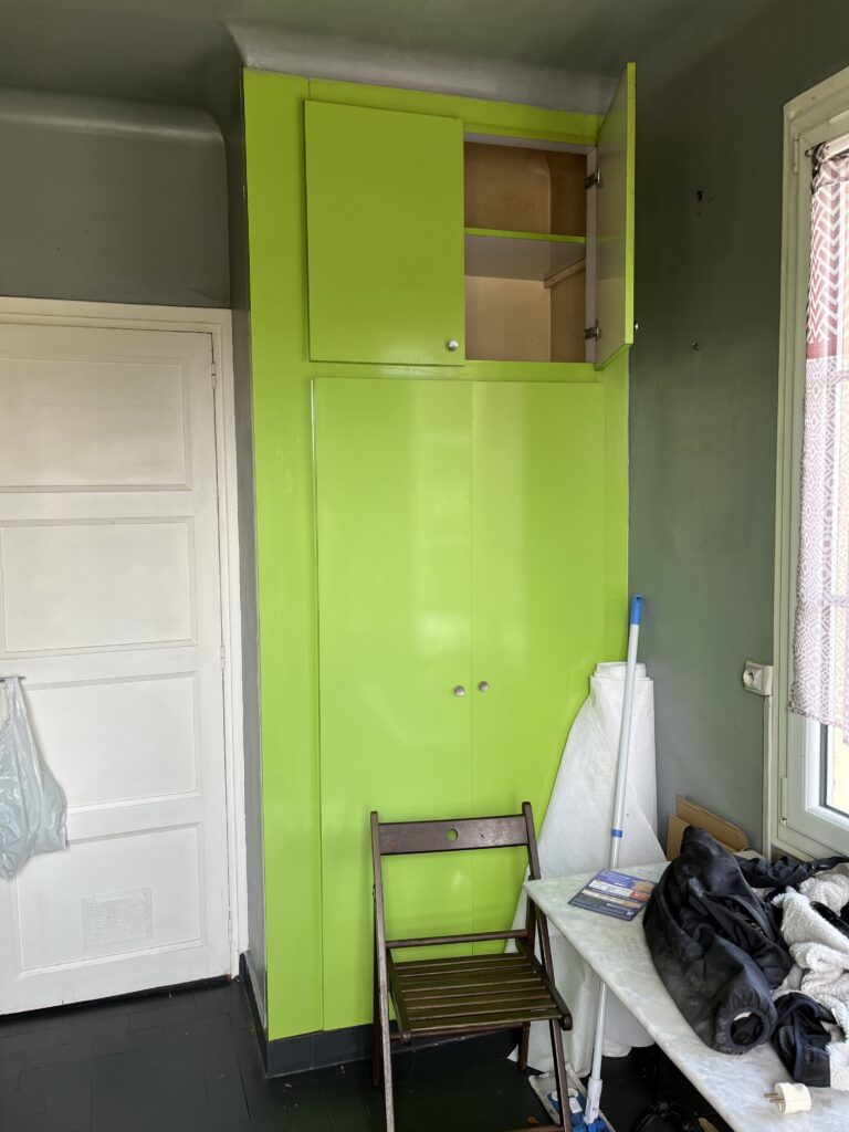 Vue de la cuisine ancienne avec meubles verts et murs sombres