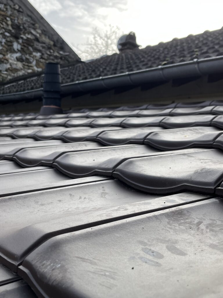Détail de tuiles noires modernes sur toiture rénovée