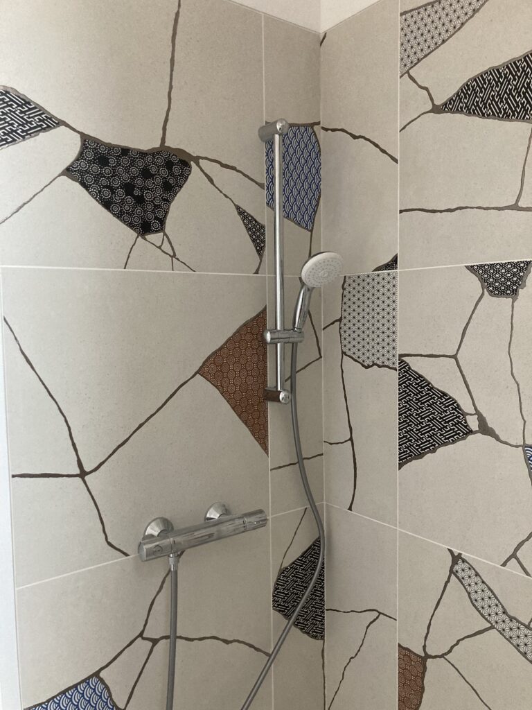 Douche moderne avec carrelage mural mosaïque géométrique